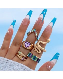 U. S. Fashion Snake and Peach Heart Design 5 Pcs Wholesale Women Ring Set - Suit