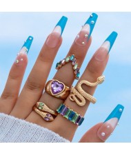 U. S. Fashion Snake and Peach Heart Design 5 Pcs Wholesale Women Ring Set - Suit