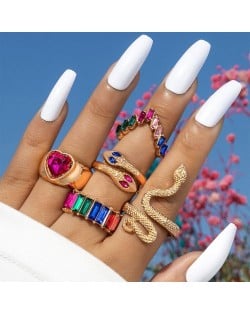 U. S. Fashion Snake and Peach Heart Design 5 Pcs Wholesale Women Ring Set - Colorful