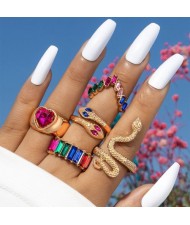 U. S. Fashion Snake and Peach Heart Design 5 Pcs Wholesale Women Ring Set - Colorful