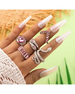 U. S. Fashion Snake and Peach Heart Design 5 Pcs Wholesale Women Ring Set - Pink