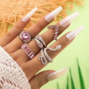 U. S. Fashion Snake and Peach Heart Design 5 Pcs Wholesale Women Ring Set - Pink
