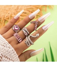 U. S. Fashion Snake and Peach Heart Design 5 Pcs Wholesale Women Ring Set - Pink