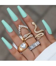 U. S. Fashion Snake and Peach Heart Design 5 Pcs Wholesale Women Ring Set - White