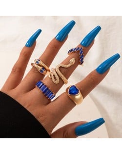 U. S. Fashion Snake and Peach Heart Design 5 Pcs Wholesale Women Ring Set - Blue