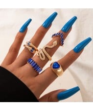 U. S. Fashion Snake and Peach Heart Design 5 Pcs Wholesale Women Ring Set - Blue