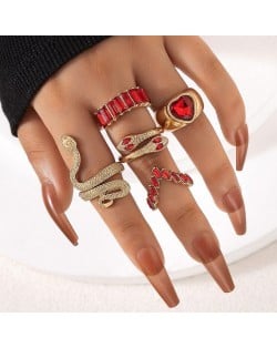 U. S. Fashion Snake and Peach Heart Design 5 Pcs Wholesale Women Ring Set - Red