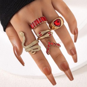 U. S. Fashion Snake and Peach Heart Design 5 Pcs Wholesale Women Ring Set - Red