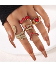 U. S. Fashion Snake and Peach Heart Design 5 Pcs Wholesale Women Ring Set - Red