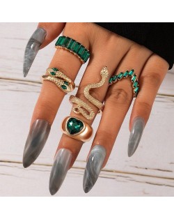 U. S. Fashion Snake and Peach Heart Design 5 Pcs Wholesale Women Ring Set - Green