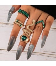 U. S. Fashion Snake and Peach Heart Design 5 Pcs Wholesale Women Ring Set - Green