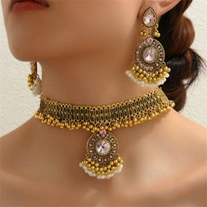 Vintage Fashion Rhinestone Flower Pendant Golden Beads Tassel Wholesale Necklace Earrings Set - Pink