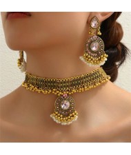 Vintage Fashion Rhinestone Flower Pendant Golden Beads Tassel Wholesale Necklace Earrings Set - Pink