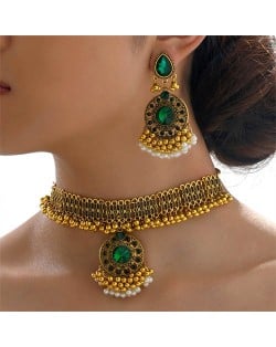 Vintage Fashion Rhinestone Flower Pendant Golden Beads Tassel Wholesale Necklace Earrings Set - Green