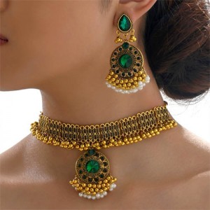 Vintage Fashion Rhinestone Flower Pendant Golden Beads Tassel Wholesale Necklace Earrings Set - Green