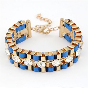 Straps Weaving with Rhinestones Inlaid Metallic Bracelet - Blue