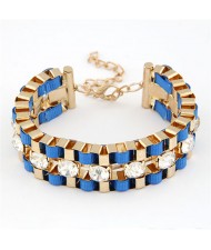 Straps Weaving with Rhinestones Inlaid Metallic Bracelet - Blue