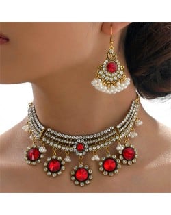 Vintage Red Floral Pendant Tassel Design Wholesale Necklace and Earrings Set