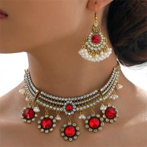 Vintage Red Floral Pendant Tassel Design Wholesale Necklace and Earrings Set