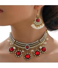 Vintage Red Floral Pendant Tassel Design Wholesale Necklace and Earrings Set
