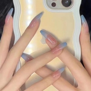 24 Pieces Set Fashion Gradient Sky Blue Long Style Detachable Fake Nail Wholesale Nail Stickers