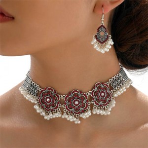 Vintage Gem Inlaid Red Flowers Pattern Pearl Beads Tassel Wholesale Necklace and Earrings Set