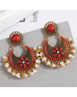 Bohemian Fashion Pearl Beads Tassel Vintage Hoop Wholesale Women Earrings - Red