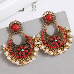 Bohemian Fashion Pearl Beads Tassel Vintage Hoop Wholesale Women Earrings - Red