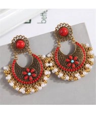 Bohemian Fashion Pearl Beads Tassel Vintage Hoop Wholesale Women Earrings - Red