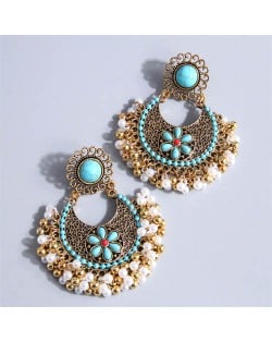 Bohemian Fashion Pearl Beads Tassel Vintage Hoop Wholesale Women Earrings - Blue