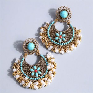 Bohemian Fashion Pearl Beads Tassel Vintage Hoop Wholesale Women Earrings - Blue
