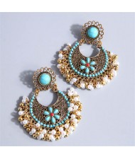 Bohemian Fashion Pearl Beads Tassel Vintage Hoop Wholesale Women Earrings - Blue