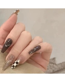 24 Pieces Set Chocolate Color Checkerboard Long Fake Nail Fashion Wholesale Nail Stickers