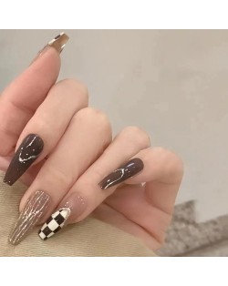 24 Pieces Set Chocolate Color Checkerboard Long Fake Nail Fashion Wholesale Nail Stickers