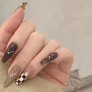 24 Pieces Set Chocolate Color Checkerboard Long Fake Nail Fashion Wholesale Nail Stickers