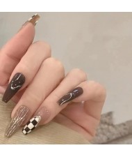 24 Pieces Set Chocolate Color Checkerboard Long Fake Nail Fashion Wholesale Nail Stickers