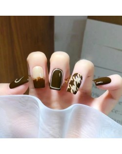 24 Pieces Set Caramel Coffee Houndstooth Grid Fake Nail Wholesale Nail Stickers