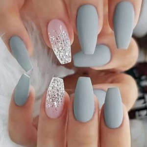 24 Pieces Set Matte Texture Haze Grayish Blue Fake Nail Wholesale Nail Stickers