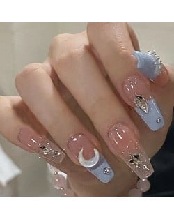 Pink and Blue Combo Star Moon 24 Pieces Set Detachable Fake Nail Wholesale Nail Stickers