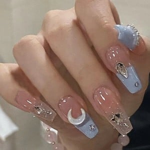Pink and Blue Combo Star Moon 24 Pieces Set Detachable Fake Nail Wholesale Nail Stickers