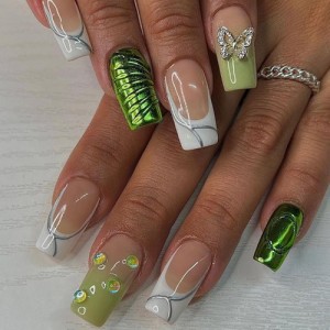 Green Three-dimensional Water Drop and Buttery 24 Pieces Set Fake Nail Wholesale Nail Stickers