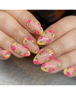 24 Pieces Set Oval Round Toe Colorful Florets Sweet Fake Nail Wholesale Nail Stickers