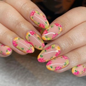 24 Pieces Set Oval Round Toe Colorful Florets Sweet Fake Nail Wholesale Nail Stickers