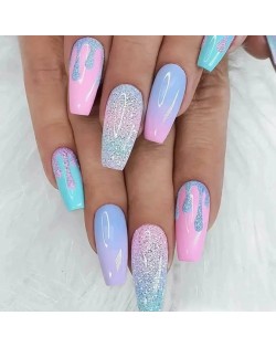 24 Pieces Set Sweet Streamers Shine Girly Powder Blue Gradient Fake Nail Wholesale Nail Stickers