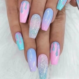 24 Pieces Set Sweet Streamers Shine Girly Powder Blue Gradient Fake Nail Wholesale Nail Stickers