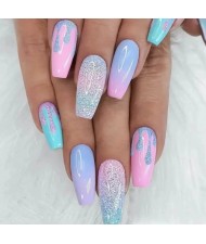 24 Pieces Set Sweet Streamers Shine Girly Powder Blue Gradient Fake Nail Wholesale Nail Stickers