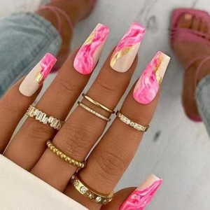 24 Pieces Set Pink Rock Flowing Gold Pattern Fashion Fake Nail Wholesale Nail Stickers