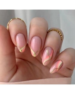24 Pieces Set Almond-shaped Golden Pink Stripes Fashion Fake Nail Wholesale Nail Stickers