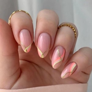 24 Pieces Set Almond-shaped Golden Pink Stripes Fashion Fake Nail Wholesale Nail Stickers
