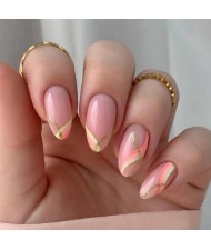 24 Pieces Set Almond-shaped Golden Pink Stripes Fashion Fake Nail Wholesale Nail Stickers